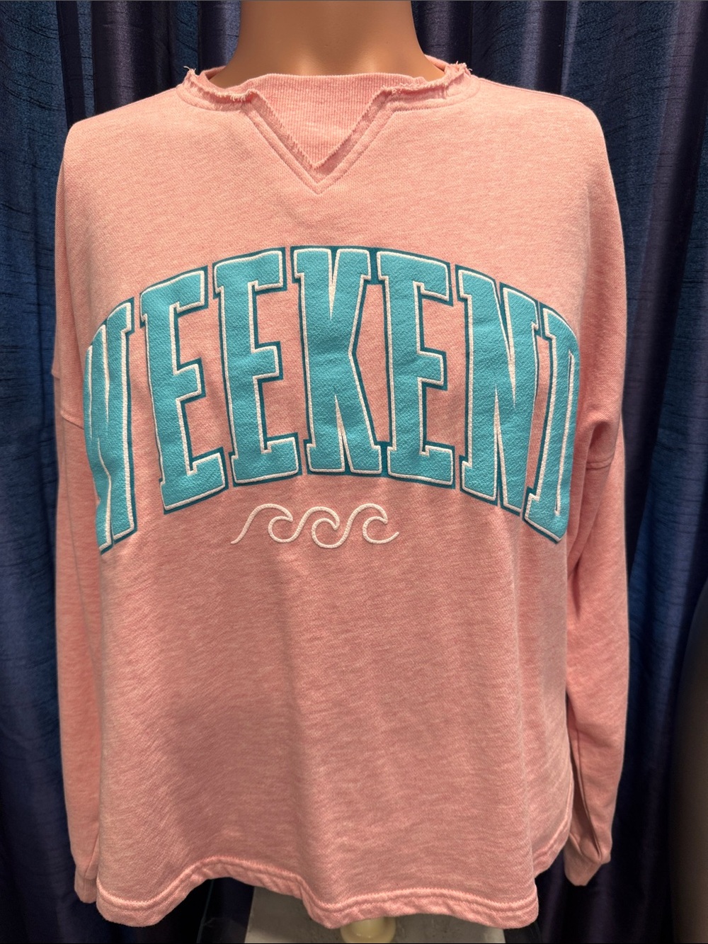 Simply Southern Pink Crewneck with Teal WEEKEND Graphic